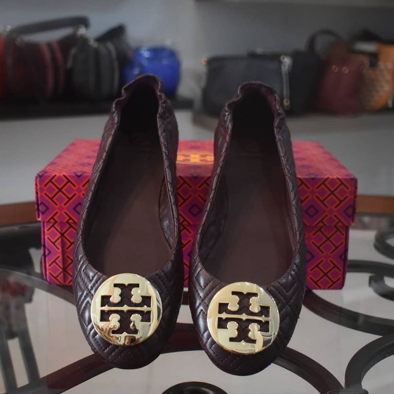 Tory Burch Minnie Travel Ballet Flat Shoes Maroon