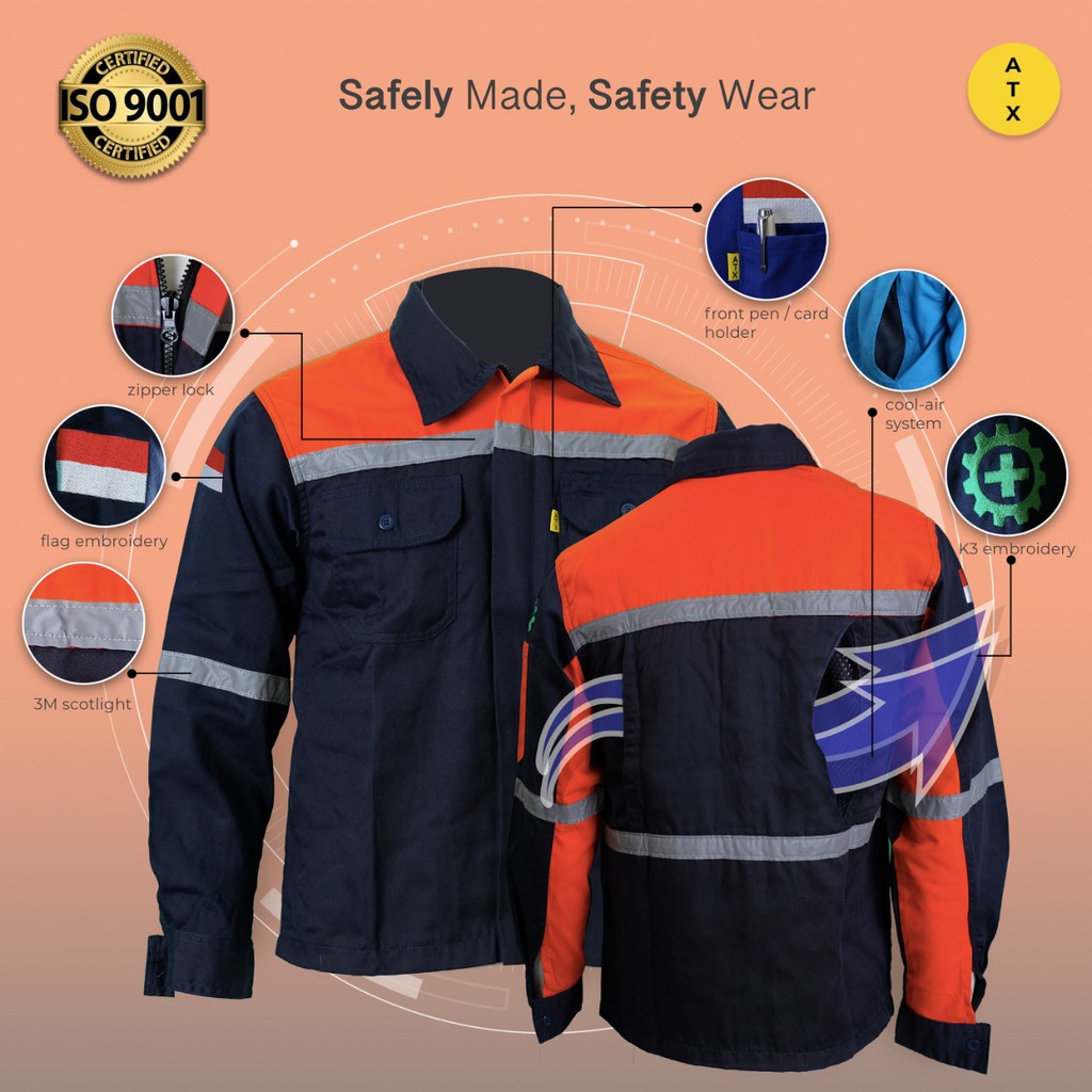 Wearpack Atasan Kemeja Safety Baju Safety Oren Kombinasi Navy ATX