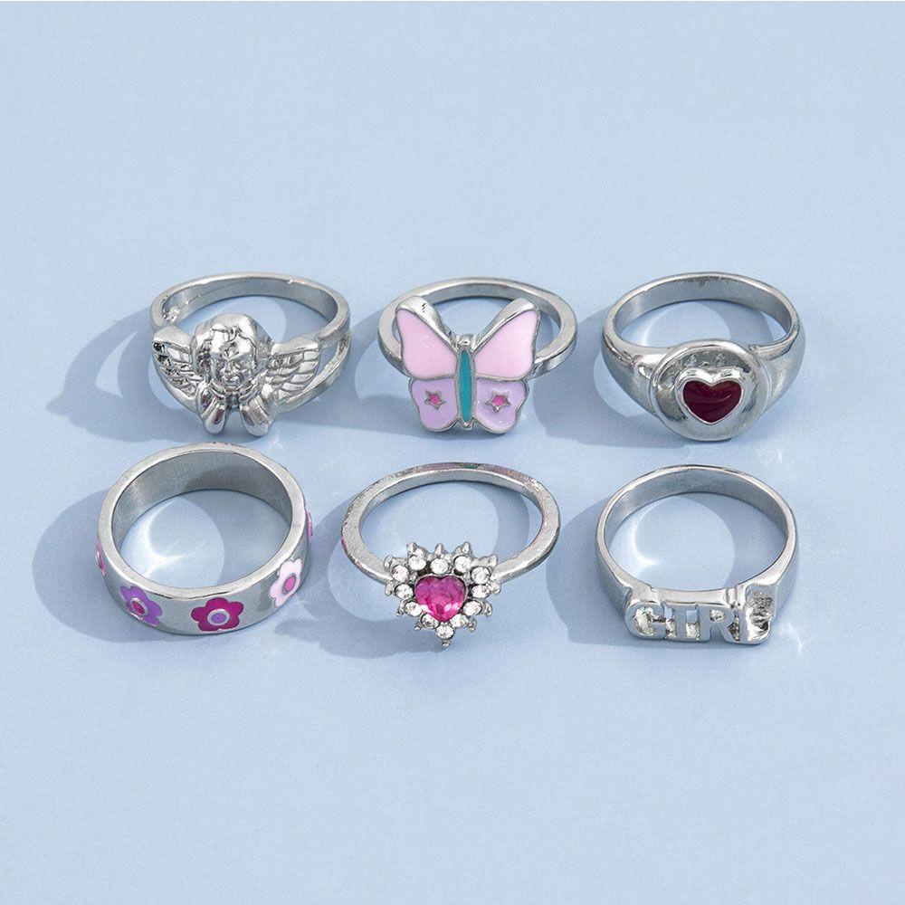 Lily 6pcs/Set Cincin Wanita Angel Jewelry Pink