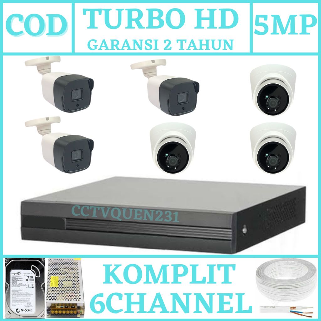 PAKET CCTV TURBO HD 8 CHANNEL 6 KAMERA 5MP IC SONY 1080P KOMPLIT