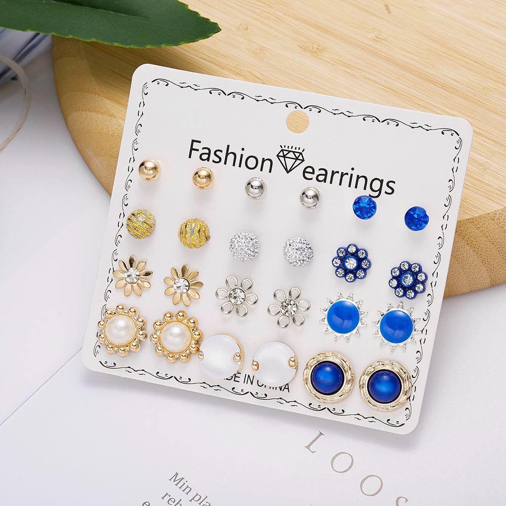 Lily 12pasang/Set Anting Stud Set Perhiasan Tindik Berlian Imitasi Geometris Sederhana