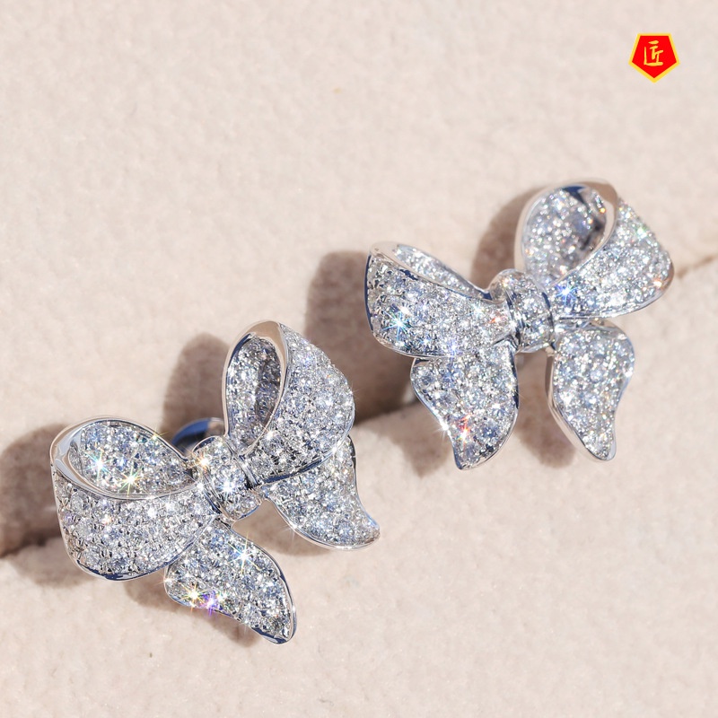 [Ready Stock]18K Platinum Bow Diamond Earrings for Women