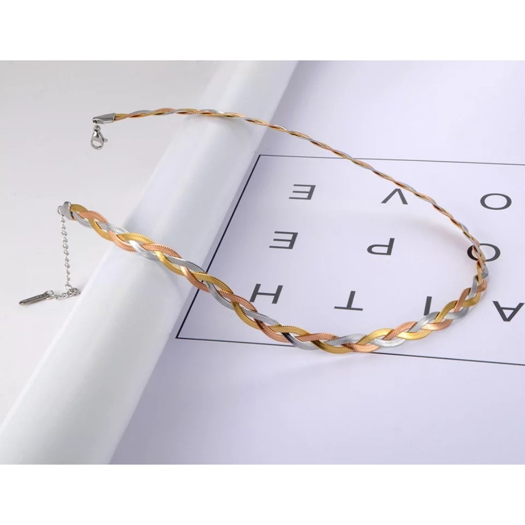 Kalung Choker Titanium Rajut Belut Gepeng Kombinasi Warna Rosegold, Gold dan Silver