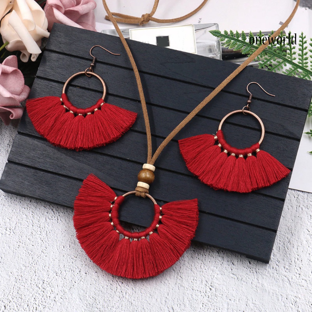 OW@ Bohemian Women Round Pendant Fringe Tassel Rope Necklace Earrings Jewelry Set