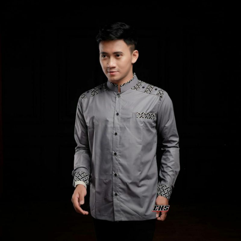 ATASAN BAJU KOKO PRIA COWOK BUSANA MUSLIM LEBARAN LENGAN PANJANG WARNA ABU MUDA SOFT GREY MURAH S M 