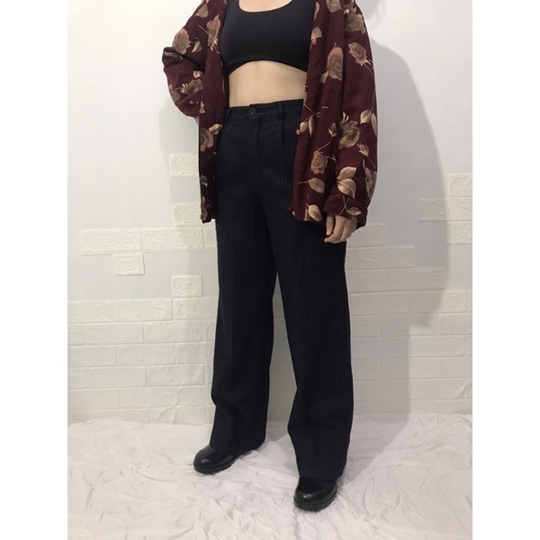 Navy blue stripped high waisted trousers by christian aujard paris