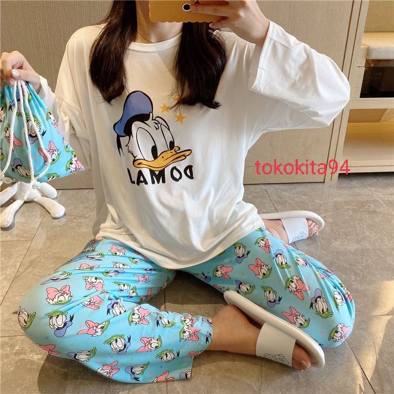 Piyama Korea Import Wanita Lengan Panjang Free Pouch 1 Set - Piyama Import - Pakaian Tidur Wanita