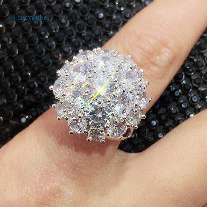 Fancyqube Cincin Kristal Cubic Zirconia Bentuk Bulat Besar Untuk Wanita