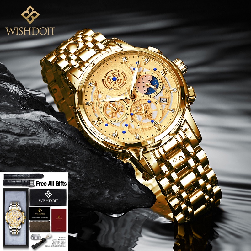 WISHDOIT Jam Tangan Pria Original Tahan Anti Air Laki Laki Lelaki Terbaru Keren Jam Tangan Cowok Besi Tahan Karat Silver/Hitam Luxury Men Watch Waterproof Stainless Steel Fashion Analog Sun/Moon/Stars Multifunction Chronograph Mechanical [Real Three Eyes]-All Golden