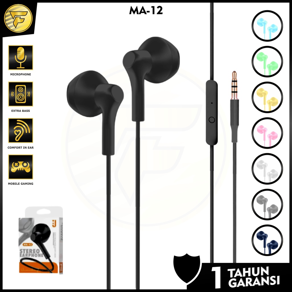 Earphone M12 macaron mate color stereo bass music telfon headset mic