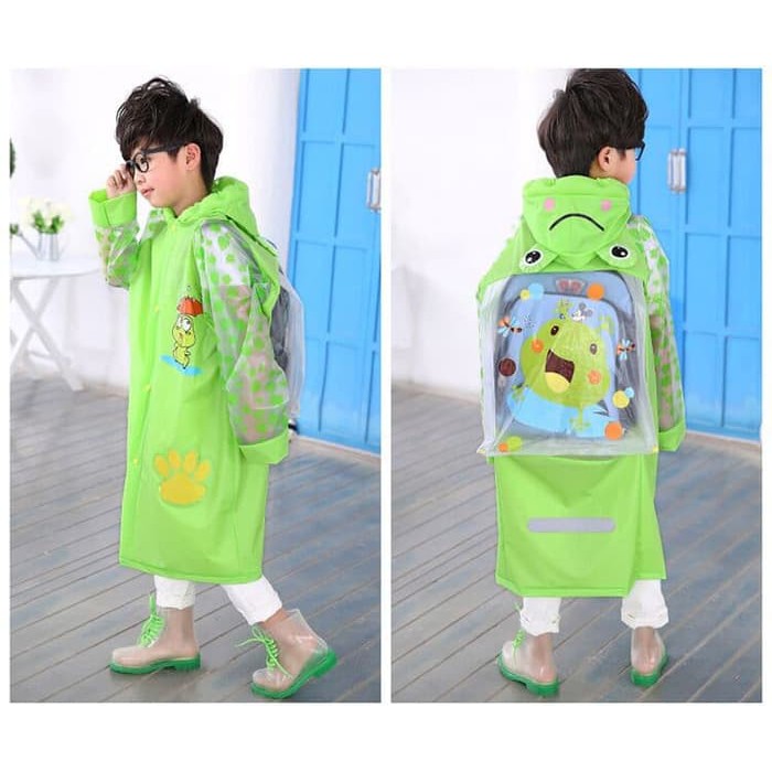 Jas Hujan Anak motif GREEN KEROPI Dengan ruang ransel