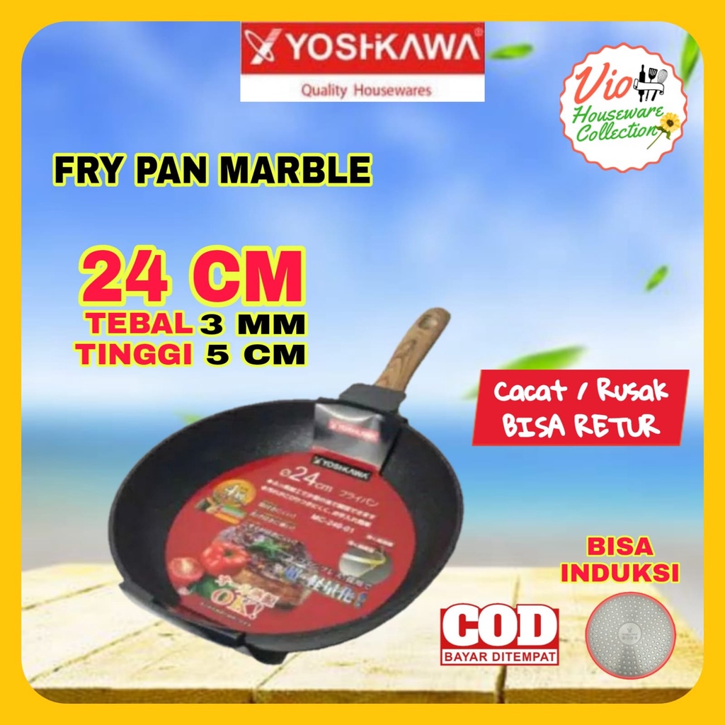 Yoshikawa Teplon Keramik 24 Cm / Fry Pan Anti Lengket / Wajan Marble / Penggorengan Keramik