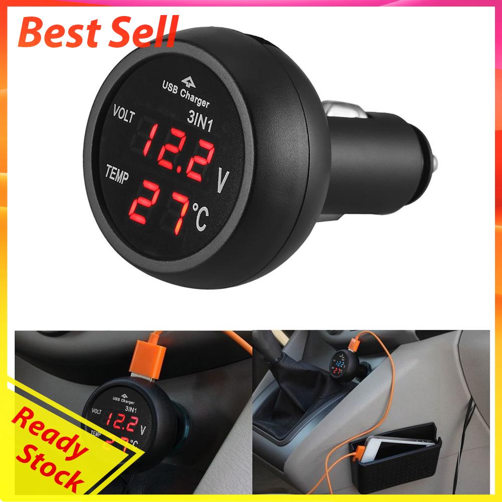 3 in 1 Voltmeter Digital LED 12 / 24V + Termometer + Charger USB