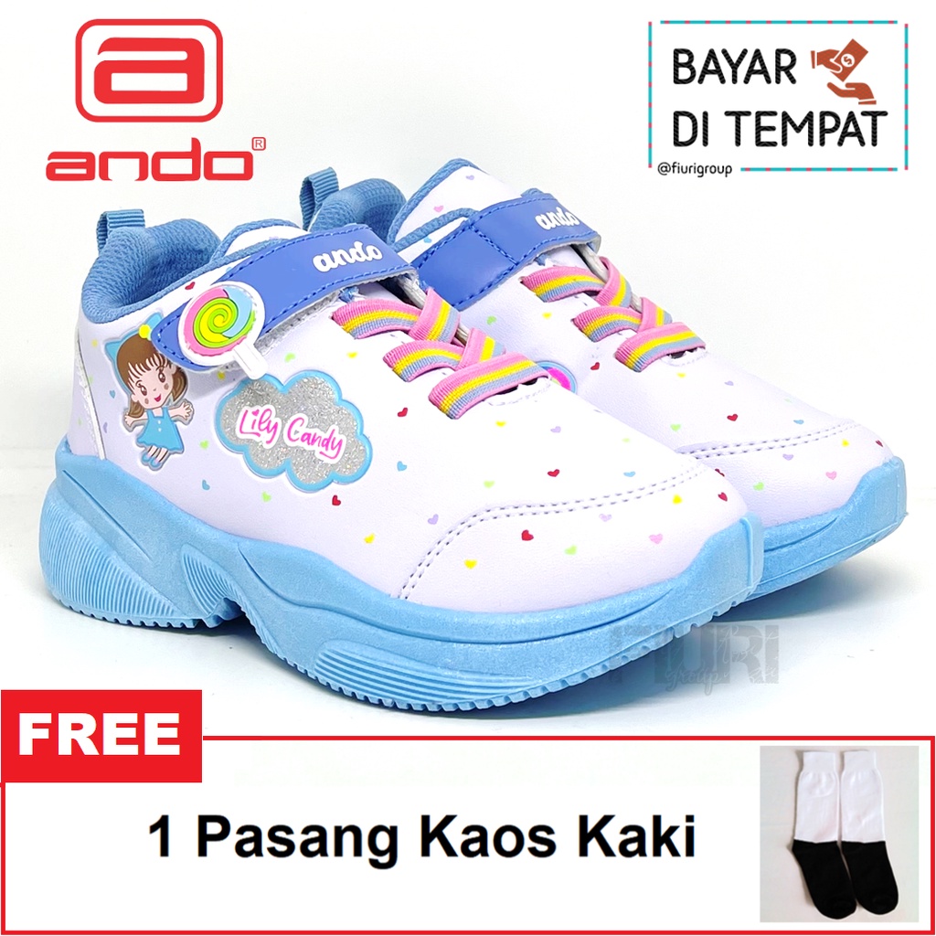 FIURI - ANDO ORIGINAL -  LILY CANDY PEREKAT 29-32 PUTIH BIRU - SEPATU SNEAKERS KANVAS SOL KARET ANAK KECIL PEREMPUAN  - SEPATU PERMEN LOLIPOP KETS LUCU FASHION TRENDY - SEPATU SEKOLAH PAUD TK KRETEKAN PEREKAT CEWEK MURAH PROMO DISKON BONUS KAOS KAKI