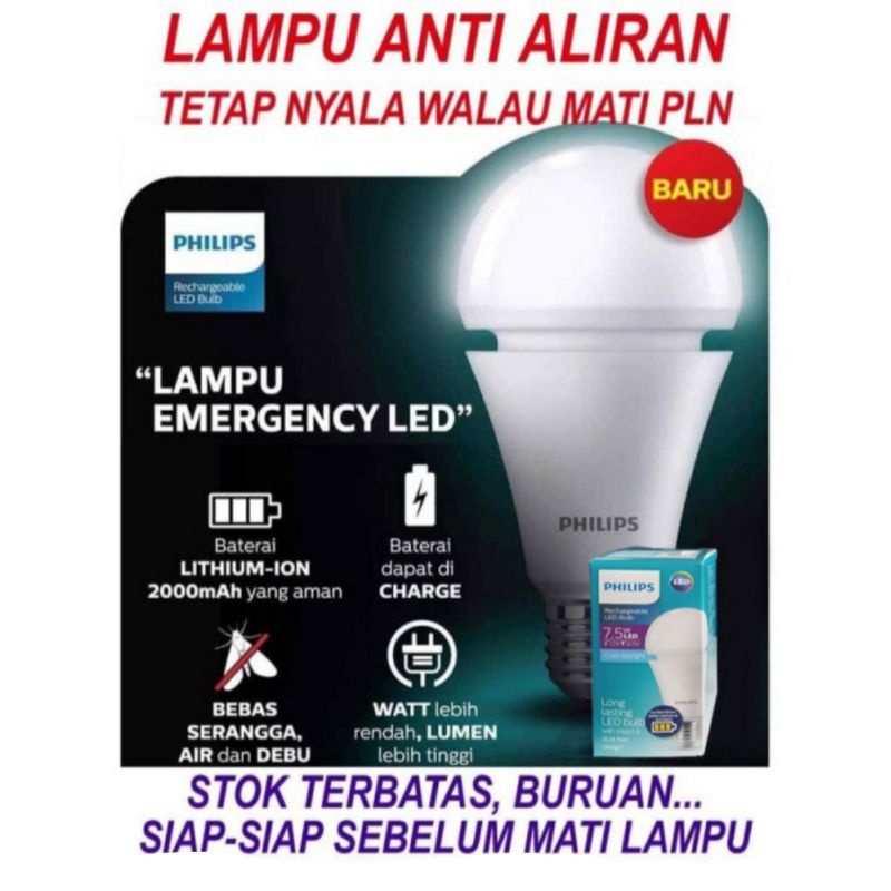 Lampu LED Philips Emergency Putih 7W 9W 7.5W 7.5 W 9 Watt 7Watt Rechargeable Putih anti aliran Original DARURAT E27