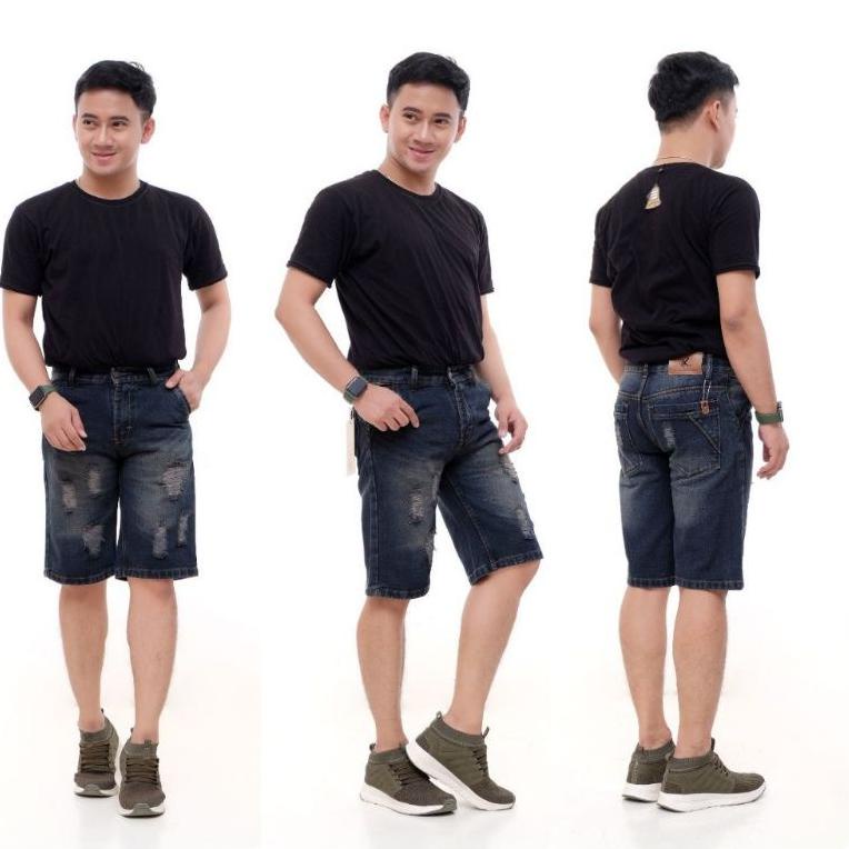 ↳ Celana Sobek Pendek Pria Distro Premium Denim Cowok Levis Hitam ㅽ