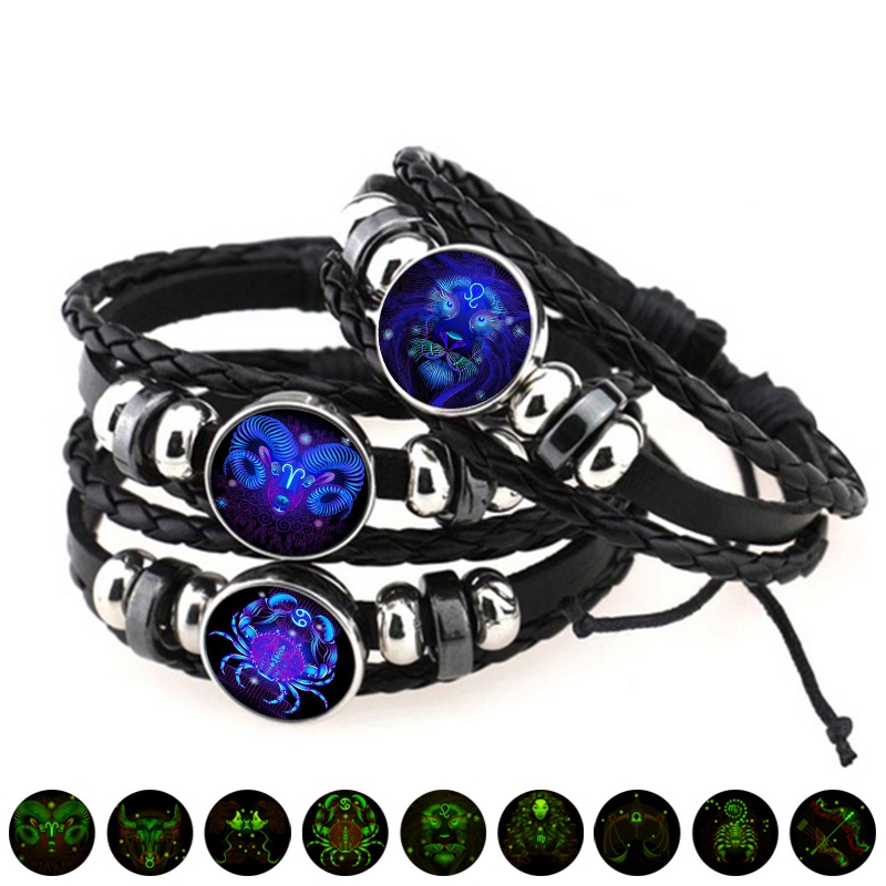 Gelang Multilayer Bahan Kulit Model 12 Rasi Bintang Gaya Punk Vintage Untuk Hadiah Ulang Tahun