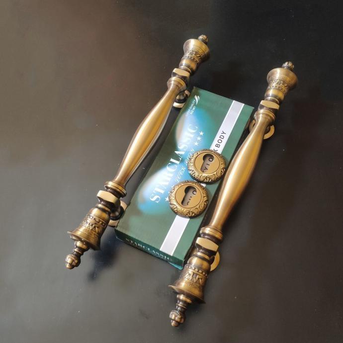 GAGANG PINTU KUNCI PINTU RUMAH / HANDLE PINTU KUNINGAN LONCENG ANTIK SET KUNCI