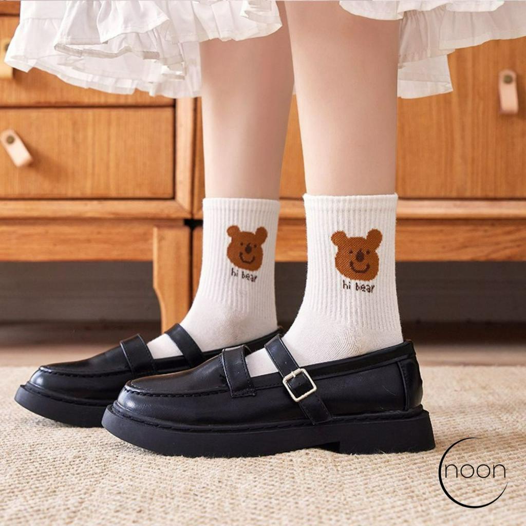 NOON (Cotton Clouds) Kaos Kaki Sekolah  Panjang Sebetis Wanita Korea Sneakers Vans Converse Lucu Putih Bear Cat Animal Basket Olahraga Dance Cute SMA Kerja Pendek Motif Lucu Katun Import Murah Grosir Lusinan Vintage