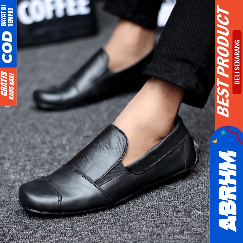 Abrhm Tice - Sepatu Slip On Casual Pria Kulit Asli Hitam