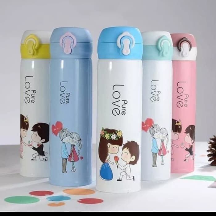 Botol minum kaca tutup kancing motif love story klip Botol minum kaca tutup kancing motif love story klip