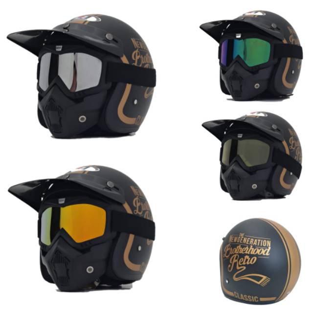 Helm jpn Retro Brotherhood hitam Gold Dengan google Mask