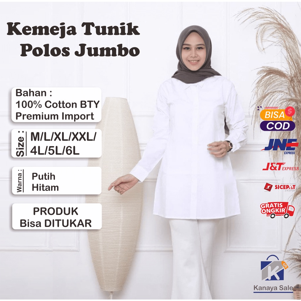 COD Kemeja Tunik Putih Polos Wanita JUMBO Oversize 7L 6L 5L 4L 3L 2L XL L M S, Baju Atasan Kerja Wan