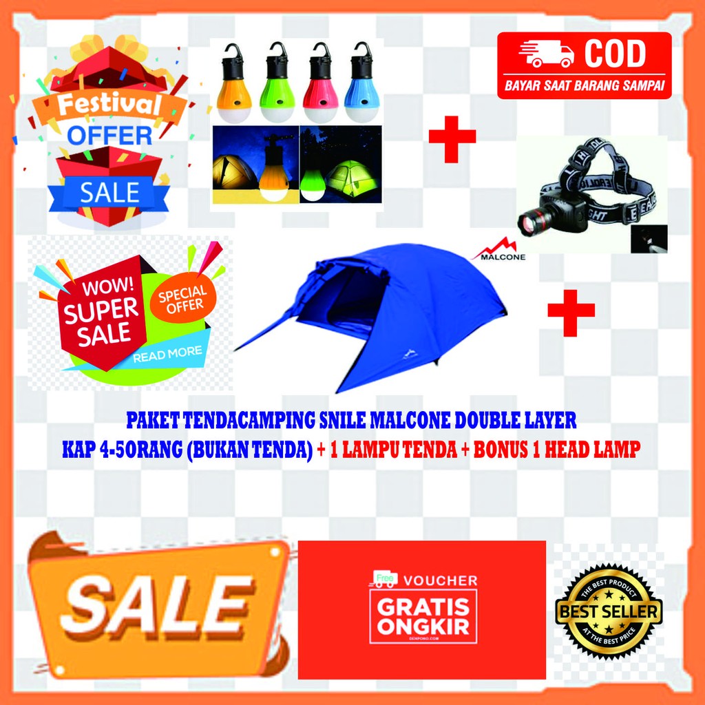 TERMURAH TENDA CAMPING/DOUBLE LAYER KAP 4/5 P WATERPROOF|TENDA KEMPING+LAMPU TENDA +1BONUS HEAD LAMP