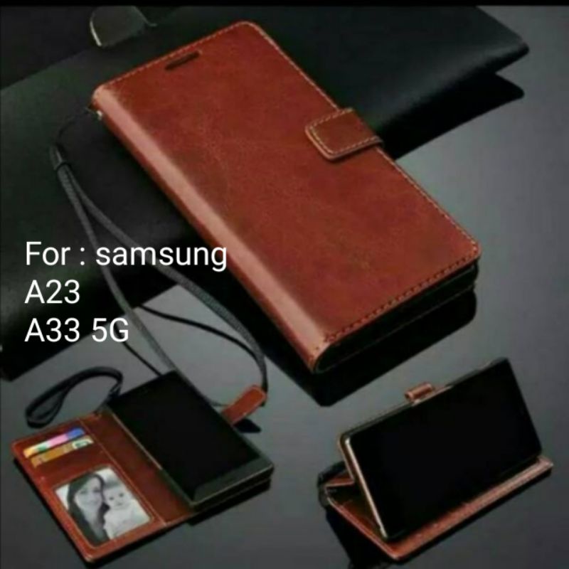 Leather case Samsung A23 A33 5G sarung dompet kulit Wallet Flip cover Casing Softcase Book Buku Folio Cover Flipcover Pelindung diary