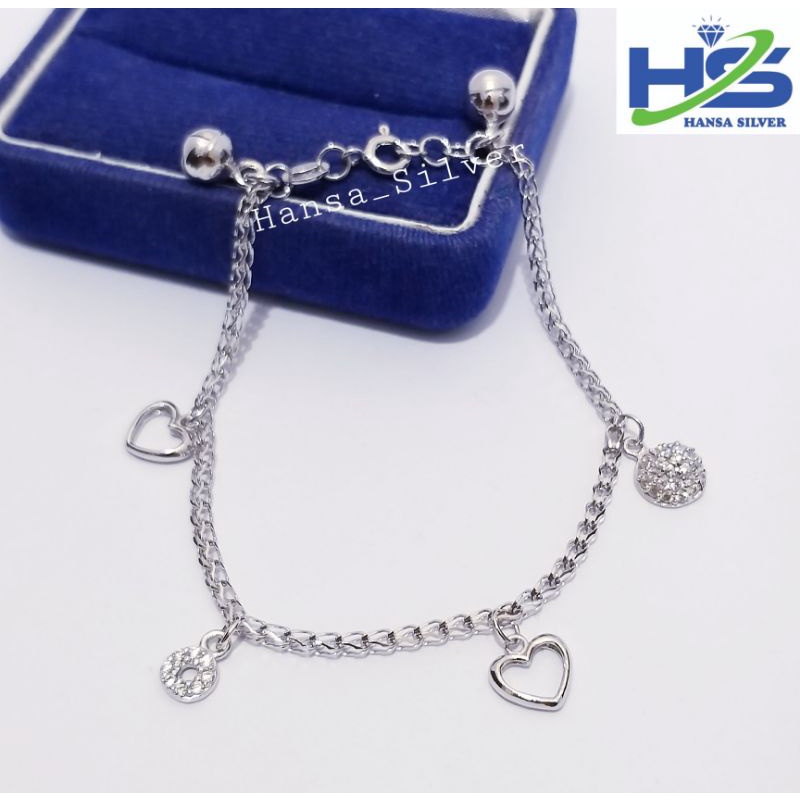 Gelang Tangan Perak Asli Silver 925 Lapis Emas Putih Rantai Victory Gantungan Love - Perak Asli