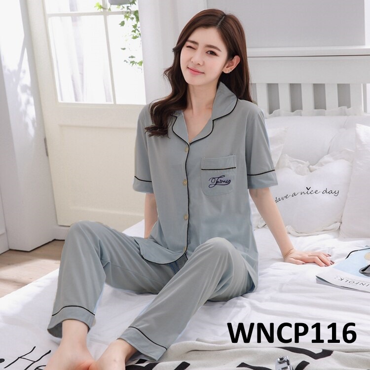 Piyama Wanita Baju Tidur Wanita Lengan Pendek Celana Panjang Stripe Grey