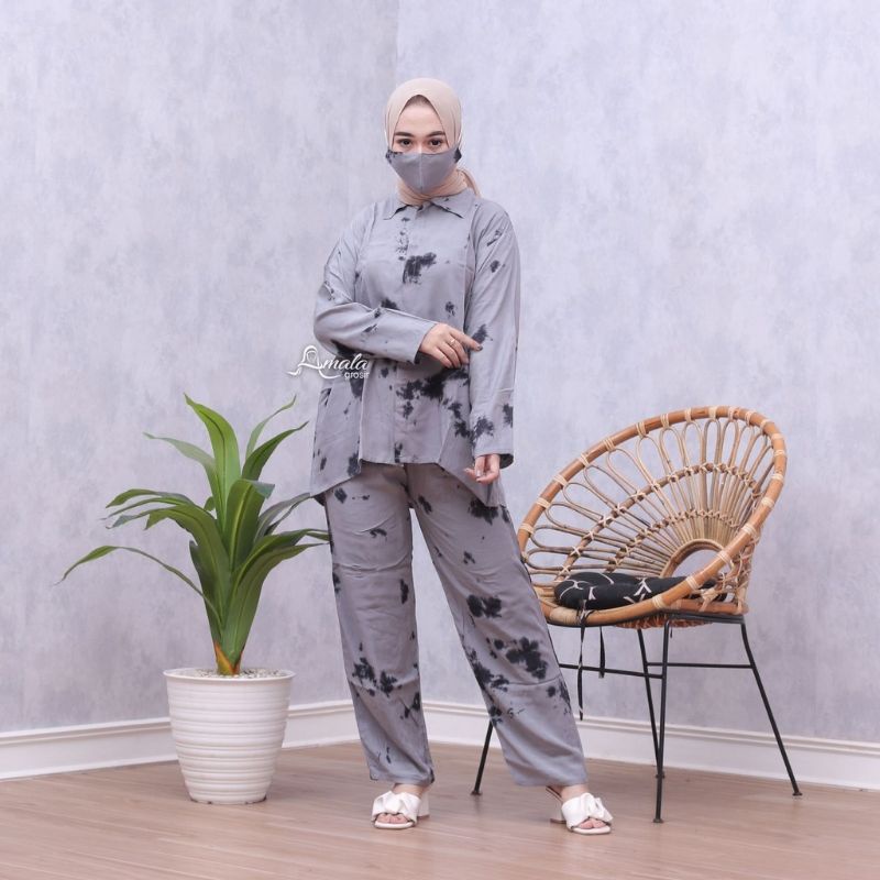 One Set Daily Pajamas Rayon Celup Tie die Stelan Wanita-1