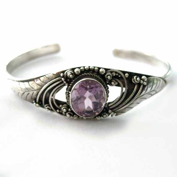 GHBR0013-Gelang Perak Bakar Bali Motif Daun dan Bunga Permata