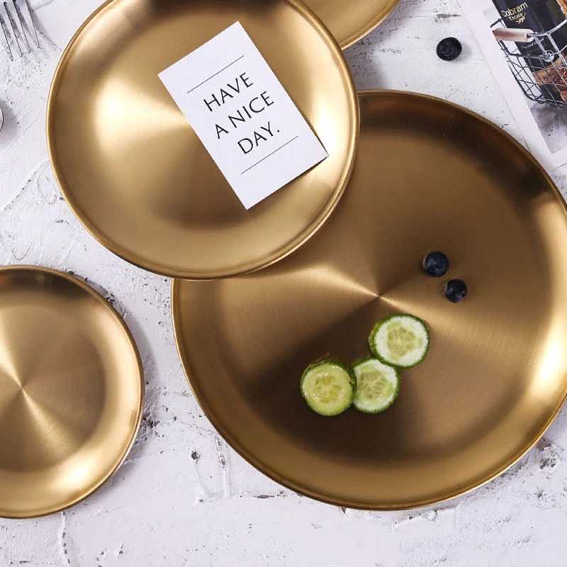 One Two Cups Piring Makan European Style Stainless Steel / Piring Stainless Stainlis Stenlis Melamin Lebar Tebal Bulat Nampan Gold Eropa Dekorasi / Piring Eropa Set Makan Saji Silver High Quality / Nampan Baki Gaya Eropa Nordic Style Desain Mewah Murah