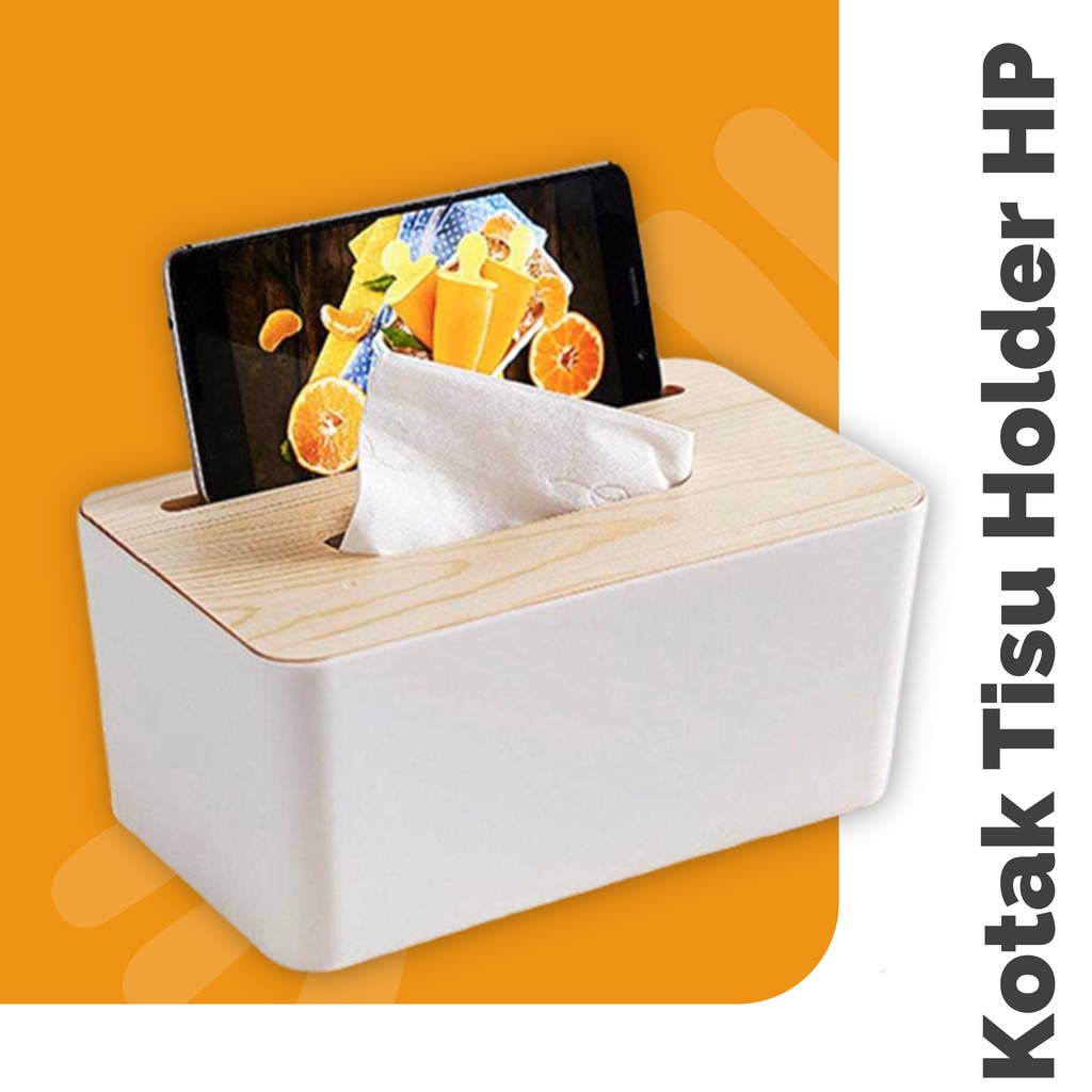 Tempat Kotak Tisu Kayu Wooden Tissue Box dengan Holder HP Handphone Stand Smartphone