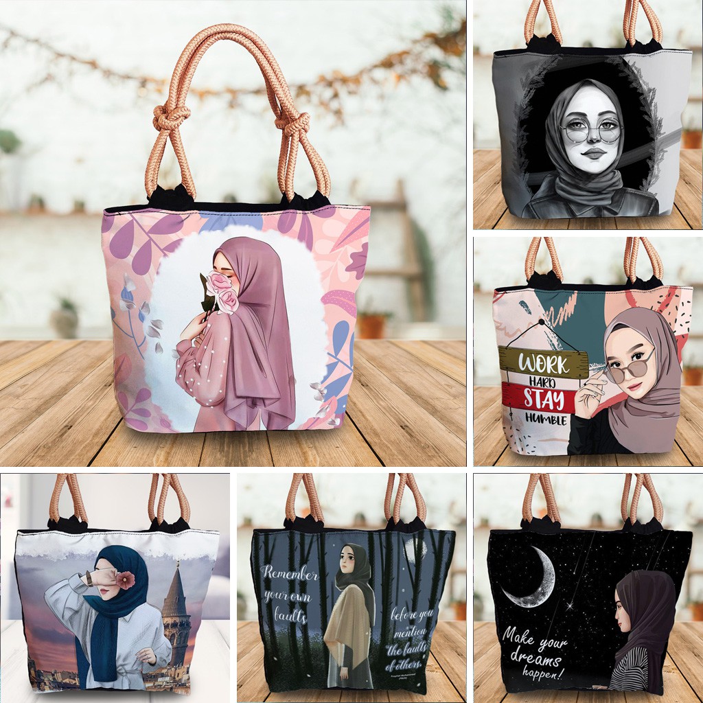 TAS WANITA Totebag Tali Sumbu Tas Wanita Hijab Kanvas Printing Gambar Muslimah GROSIR UNIK