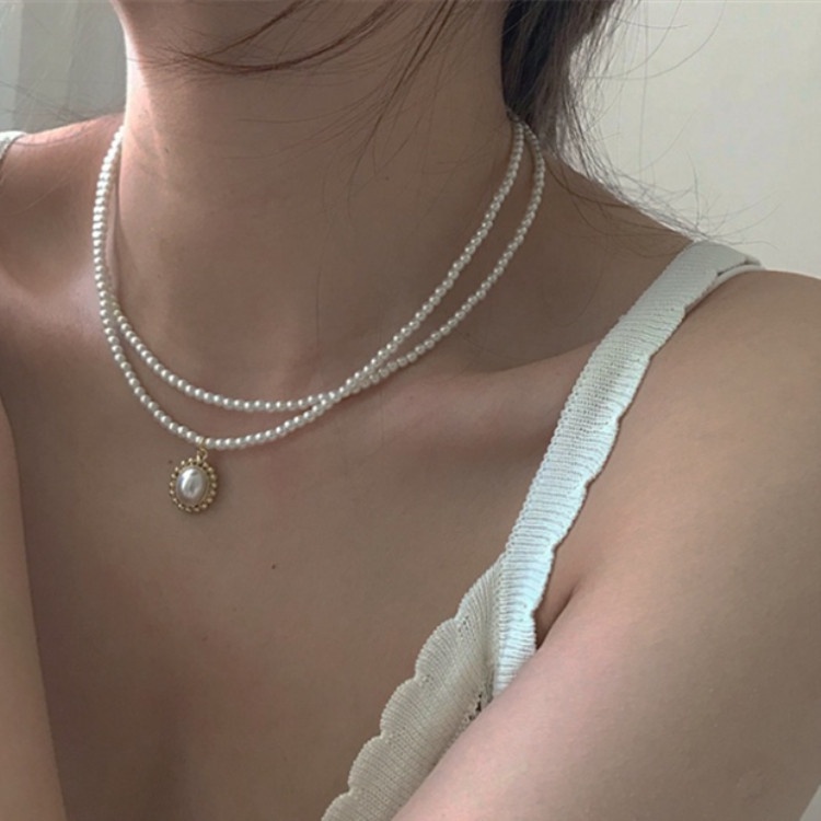 Kalung Rantai Klavikula Dengan Liontin Mutiara Model Lapis Ganda Untuk Aksesoris