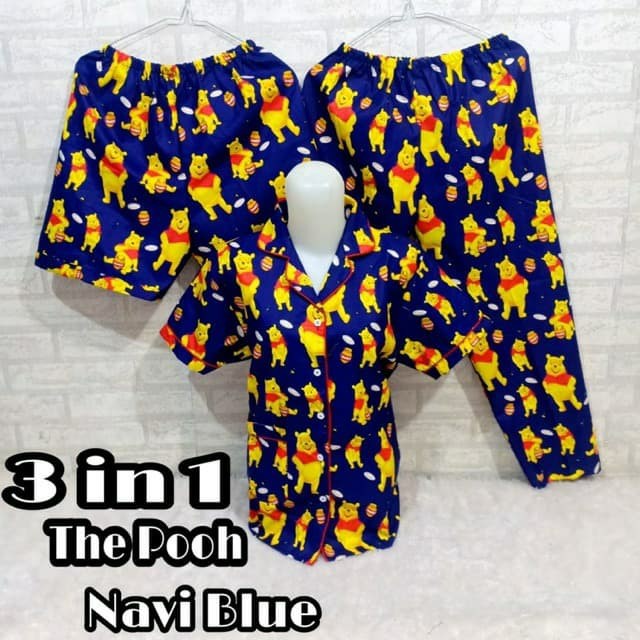 JNV Piyama CP 3in1 Wanita Motif Karakter Kartun 03 - Baju Tidur 3in1 - Bahan Katun-Pooh Honey Navy