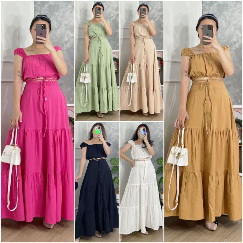 ❣ SPECIAL PRICE ♡ PREMIUM ♡ ORIGINAL ! LALISA VINTAGE 2 IN 1 SET CROP TIED KNOT TANK BLOUSE OUTER WITH LONG LAYER TRAP BUTTON MAXI SKIRT / SETELAN ATASAN &amp; ROK PANJANG SUSUN KANCING