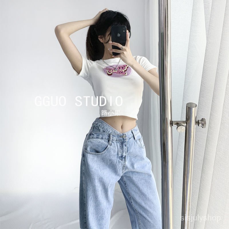 #Sisjuly# Jeans wanita pinggang tinggi desain ramping celana kaki lebar kaki lurus menggantung celan