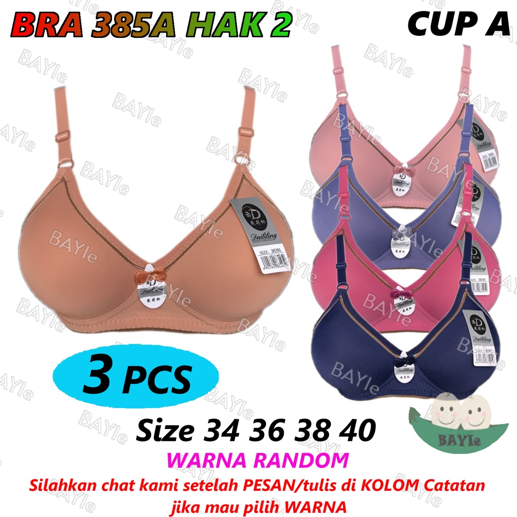 3 PCS BH / Bra Wanita Cewek Remaja/ABG/Dewasa DAILILING 385A Cup A Busa Sedang Tanpa Kawat Kaitan 2 Size 34 - 40