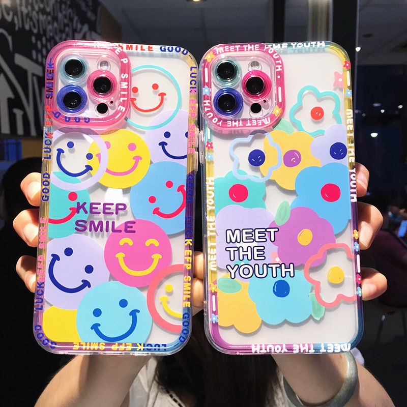 Casing Belakang Pola Bunga + Smiley Face Warna Acak Untuk Iphone