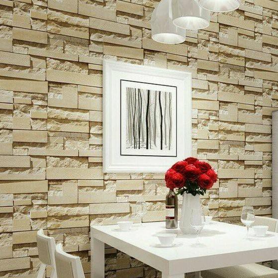 Wallpaper Dinding 3D BATU ALAM CREAM B Sticker Tembok Dapur Teras Kamar Ruang Tamu Rumah Natural (KO