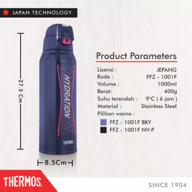 Thermos FFZ-1001F Vacuum Insulated Sport Bottle 1000ml / botol minum sport 1L