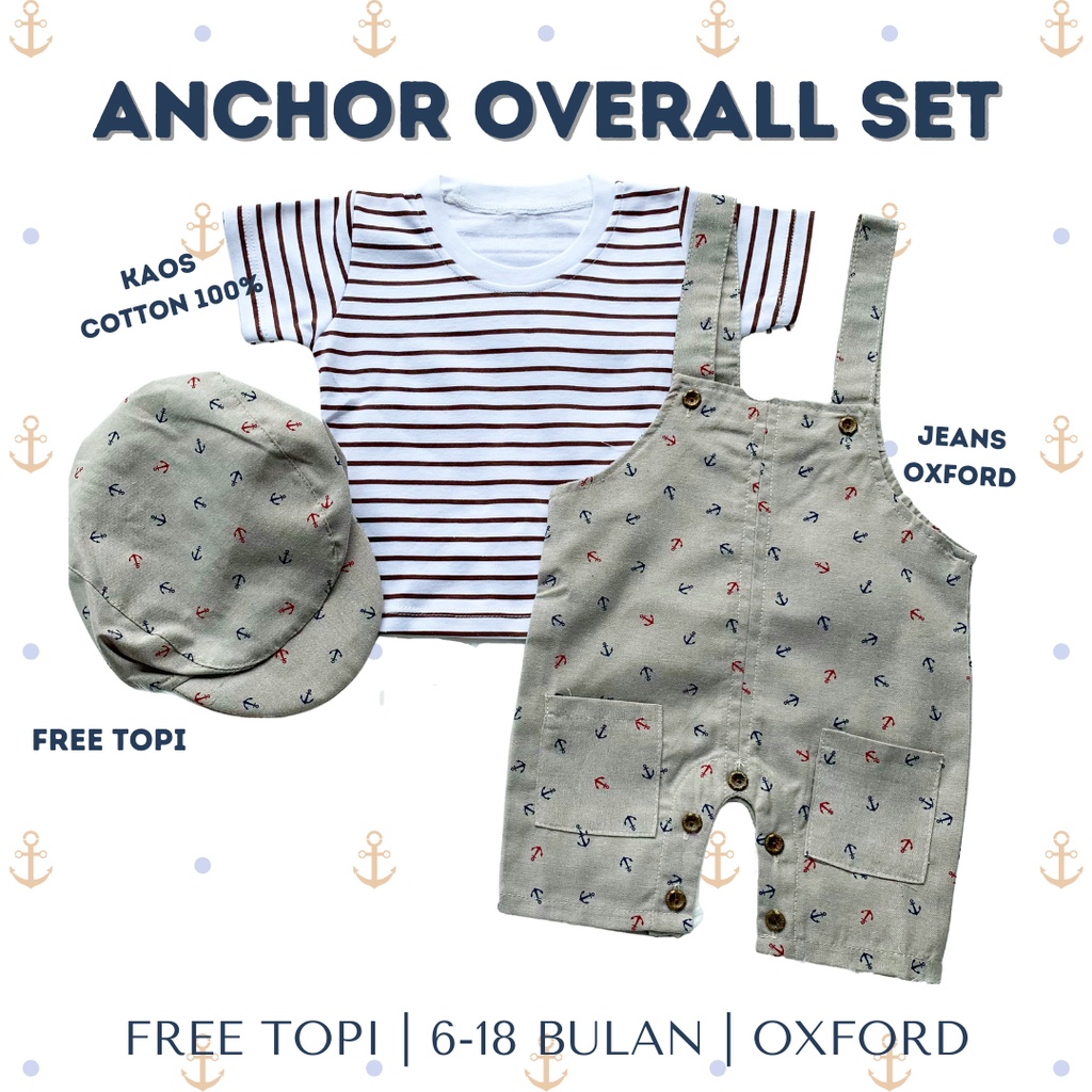 Overall baby balita anak laki laki free topi  jumpsuit romper balita bayi 3-12n ANCHOR SAILING OVERALL