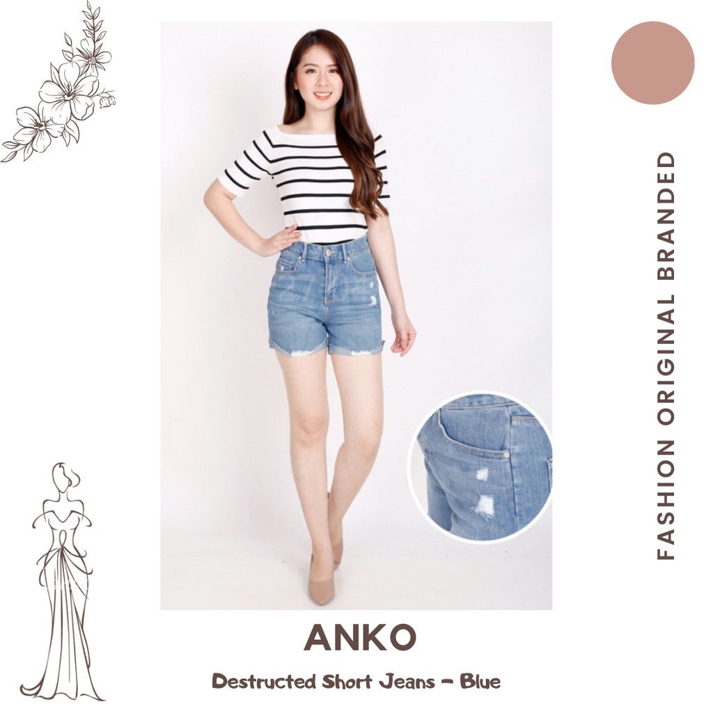 ANKO Destructed Short Jeans Blue & Light Blue - Celana Denim Pendek Wanita Branded Original