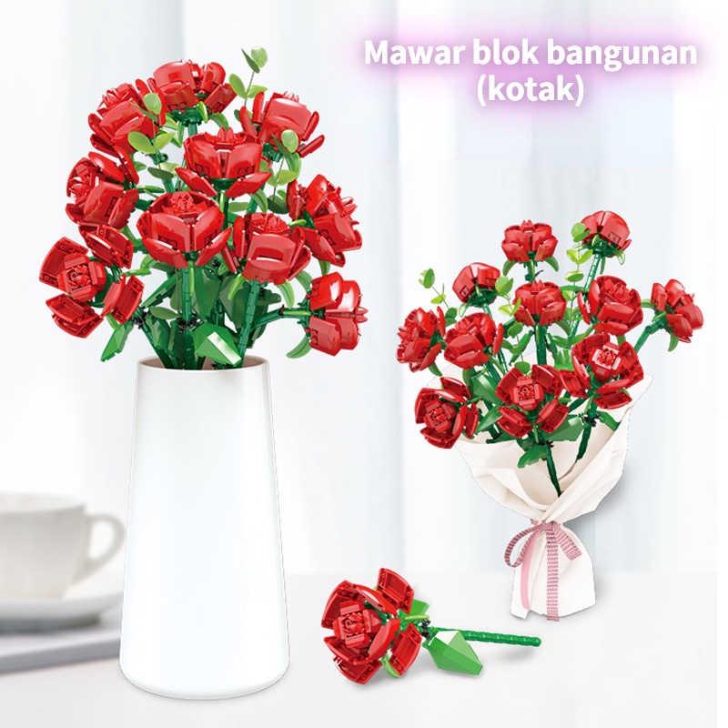 【COD】DIY Lego Bunga Balok Mainan Brick Block Flower Plant Series Building Block Bunga Pajangan Rumah Hadiah Unik / Mawar blok bangunan (kotak)