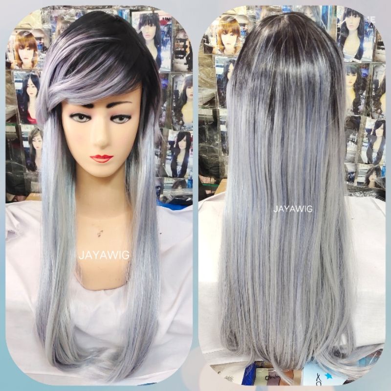 Wig Panjang 60cm Warna Silver Blue Rambut Palsu Wanita Lurus Panjang