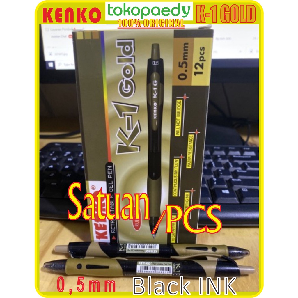

[SATUAN] KENKO GOLD Retractable Gel Pen K-1 Black Ink 0,5mm (1 PCS) -Tinta Hitam /Body GOLD K1