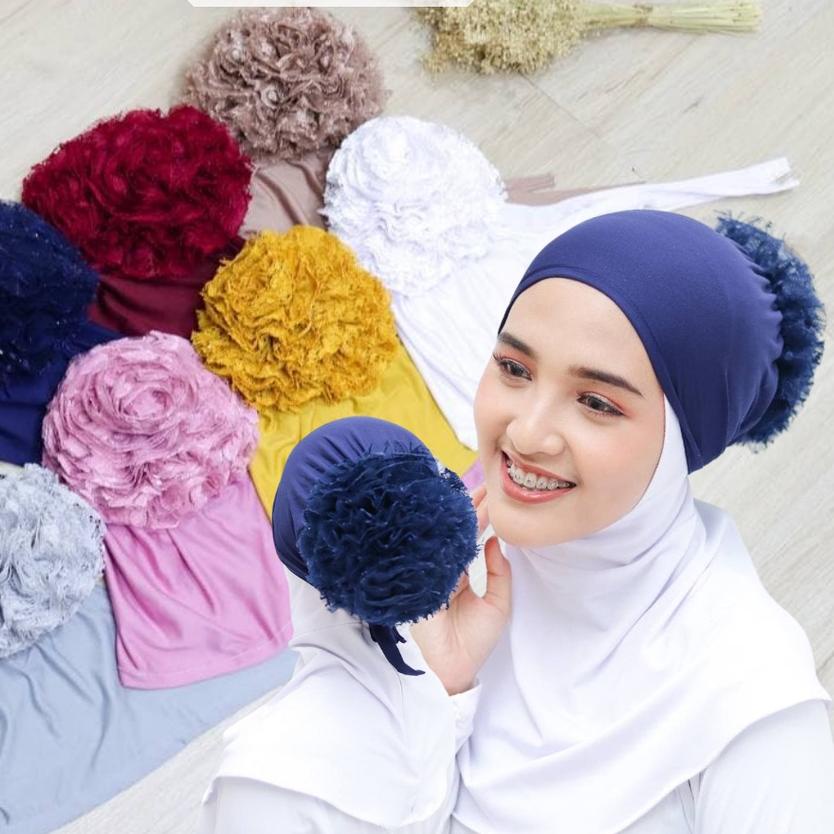 ☂ Inner Ciput Turki Cepol Renda Brukat Premium / Daleman Kerudung Ciput Cempol Bunga / Renda Banyak 